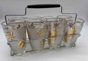 lot 280 image: Set of 8 Vintage Frosted Highball Glasses with Gold Leaf Design and Carrier