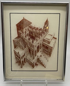 lot 281 image: Framed 1960 M.C. Escher Lithograph Ascending and Descending with Silver Border
