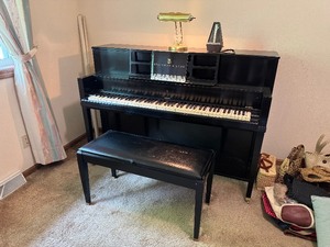 lot 13 image: Steinway & Sons Upright Piano, Bench, Light, & Metronome