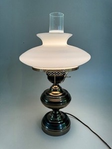 lot 60 image: Vintage Brass Electric Lamp with Original Milk Glass Shade