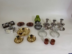 lot 90 image: Vintage Candle Holders, Glass, Silver, Copper Brass, Pewter