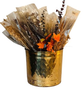 lot 82 image: Gold Tin Basket with Faux Autumn including Eucalyptus, Box folia, Plumose and More