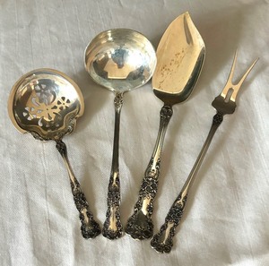 lot 27 image: Vintage Gorham Buttercup Sterling Silver Bon Bon Spoon, Ladle, Ice Cream Server and Serving Fork