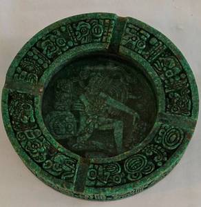 lot 49 image: Mid-Century Modern Crushed Malachite Ashtray with Mayan Warrior Motif