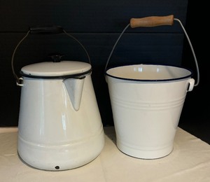 lot 126 image: Vintage White Enameled Coffee Pot and Bucket