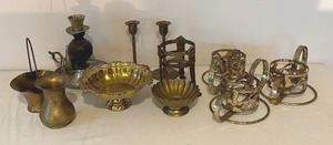 lot 133 image: Vintage Brass and Metal Candle Holders, Pedestal Bowls, Vase, Stands and More