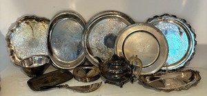 lot 134 image: Silver Plated Sensations including Platters, Bowl, Pot, Crumb Catcher and More