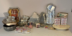 lot 137 image: Baking Bonanza including Cake Pans, Bundt Pan, Vintage Pedestal Cake Platter, Embellishments and More