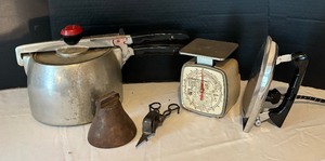lot 231 image: Vintage Scale, Bell, Silex Iron, General Mills Pressure Cooker and Scale