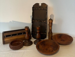 lot 282 image: Vintage Wooden Candle Holders, Bowls, Display Shelf and More