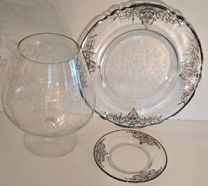 lot 242 image: Vintage Etched Plates  Etched Clear Glass Compote