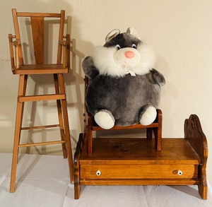 lot 78 image: Vintage Dayton Hudson Pajama Pals Cat Gray Pajama Holder Pillow Plush 15 and Vintage Wood Doll Furniture