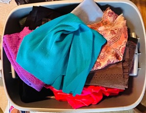 lot 388 image: Bin Filled with Quality Variety of Medium and Small Fabric Remnants