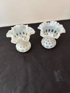 lot 131 image: Pair of Fenton Coin Dot Glass Vases with Ruffled Edges