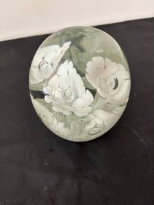 lot 132 image: Clear Glass Paperweight with White Floral Design
