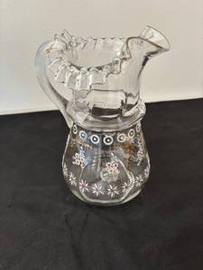 lot 138 image: Elegant Handcrafted Glass Pitcher with Floral Enameling