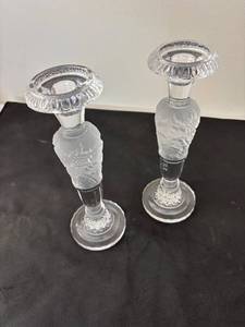 lot 142 image: Pair of Elegant Frosted Athena Pattern Glass Candlestick Holders