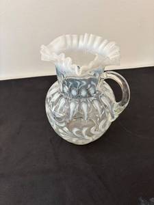 lot 147 image: Vintage Handblown Glass Pitcher with Opalescent Swirl Design