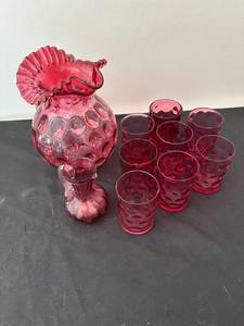 lot 150 image: Vintage Fenton Cranberry Glass Coin Dot Pitcher Set with Glasses