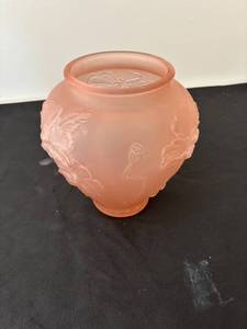lot 154 image: Antique Pink Frosted Glass Vase with Floral Relief Design