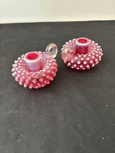 lot 157 image: Pair of Vintage Pink Hobnail Glass Candle Holders