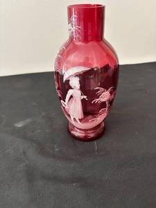 lot 161 image: Vintage Cranberry Glass Vase with Etched Victorian Design