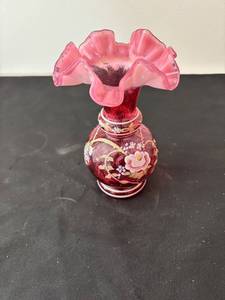 lot 163 image: Fenton Glass Vase Handpainted by C. McGuffie