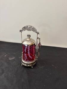 lot 14 image: Antique Victorian Silverplate and Cranberry Glass Pickle Castor