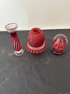 lot 1 image: Fenton Red Fairy Lamp, Art Glass Vase, and Paperweight Collection