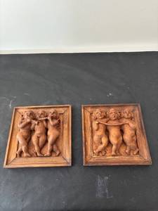 lot 167 image: Pair of Carved Wooden Cherub Wall Plaques