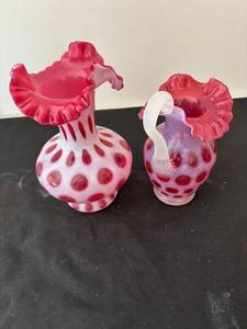 lot 172 image: Pair of Vintage Fenton Cranberry Opalescent Hobnail Glass Pitchers