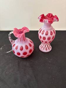 lot 175 image: Pair of Vintage Fenton Cranberry Opalescent Coin Dot Vases