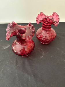 lot 176 image: Pair of Vintage Red Glass Hobnail Ruffled Vases