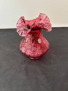 lot 179 image: Fenton Cranberry Opalescent Vase with Ruffled Rim