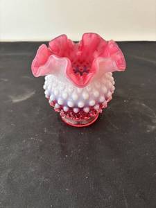 lot 238 image: Set of 2 Vintage Cranberry Opalescent Hobnail Glass Vases