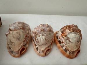 lot 19 image: Set of 3 Vintage Cameo Conch Seashells with Carved Creations