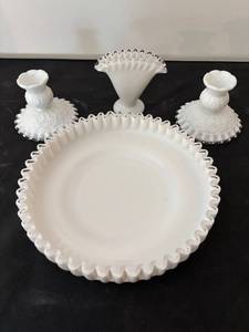lot 292 image: Vintage Fenton Silver Crest White Milk Glass Serving Pieces