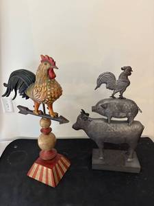 lot 293 image: Set of Two Rustic Farm Animal Sculptures - Rooster on Pedestal and Animal Stack