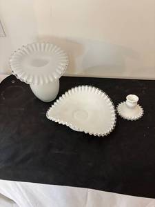 lot 296 image: Fenton White Milk Glass Vase, Dish, and Candle Holder Set