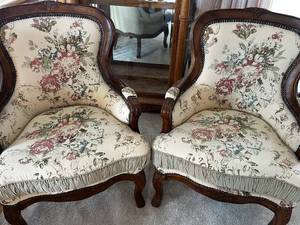 lot 395 image: Pair of Vintage Upholstered Armchairs with Floral Pattern