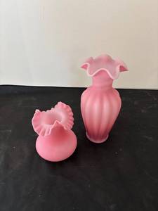 lot 396 image: Pair of Pink Fenton Type Frosted or Satin Glass Vases with Ruffled Rims