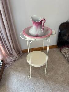 lot 444 image: Vintage Washstand with Pink Porcelain Basin and Pitcher