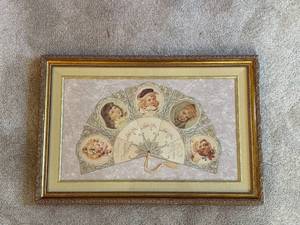 lot 543 image: Framed Antique Style Fan Valentine Artwork with Portraits