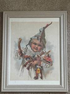 lot 564 image: Vintage Clown Artwork in Wooden Frame