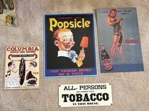 lot 566 image: Collection of 4 Vintage Reproduction Metal Signs Columbia, Popsicle, Red Rock Cola, Tobacco