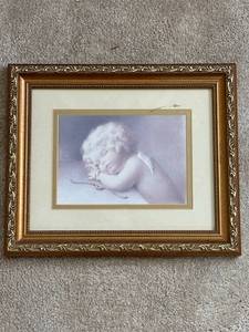 lot 570 image: Framed Angelic Child Artwork with Ornate Gold Trim
