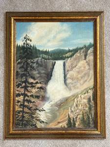 lot 585 image: Vintage Framed Landscape Waterfall Oil Painting Signed by Marge Hartley