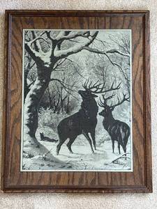 lot 588 image: Framed Elk Woodland Scene Etching - 14 x 18