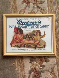 lot 591 image: Vintage Woodwards Pure Sugar Stick Candy Advertisement Poster, Framed