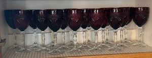 lot 608 image: Set of 12 Vintage Ruby Red Wine Goblets with Cut Glass Design